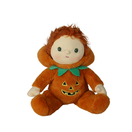 Seated plush doll in an orange jack-o'-lantern suit with its pumpkin hood pulled down.