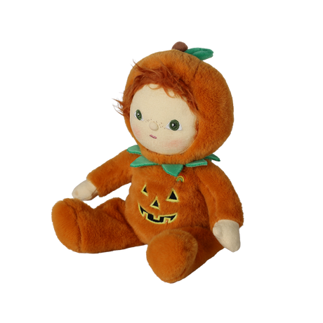 Seated plush doll in an orange jack-o'-lantern suit angled to the left against a white background.