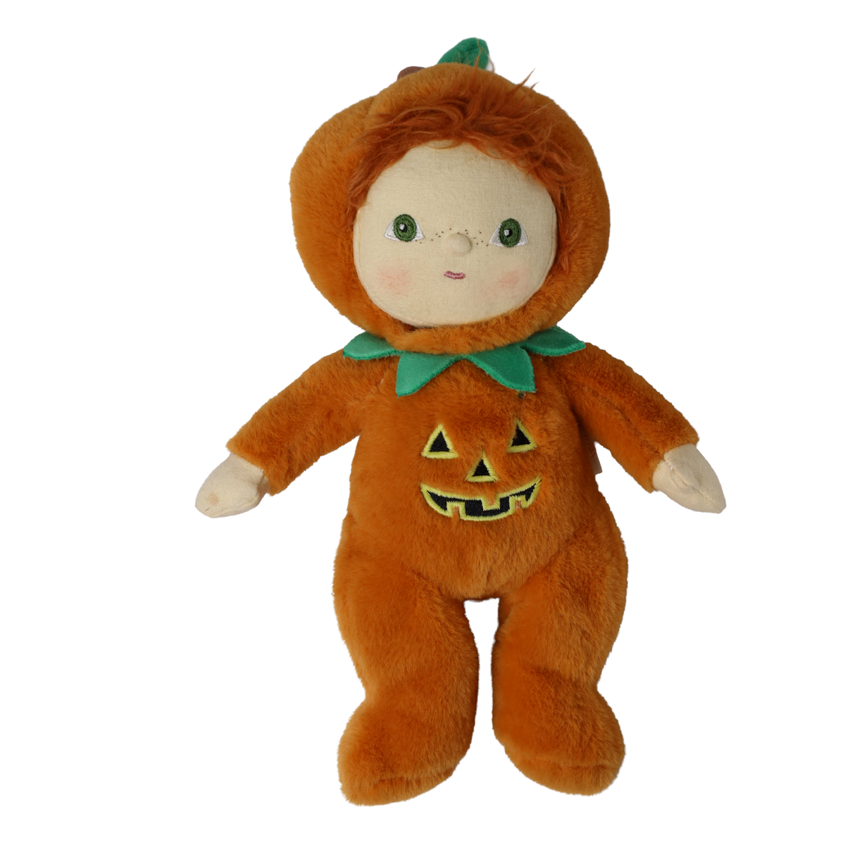 Plush doll wearing an orange jack-o'-lantern suit with a green leafy collar and hood.