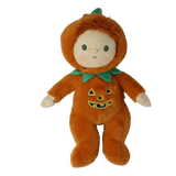 Plush doll wearing an orange jack-o'-lantern suit with a green leafy collar and hood.