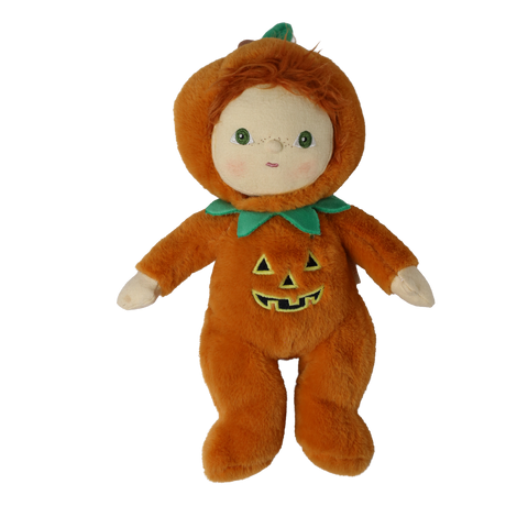 Plush doll wearing an orange jack-o'-lantern suit with a green leafy collar and hood.