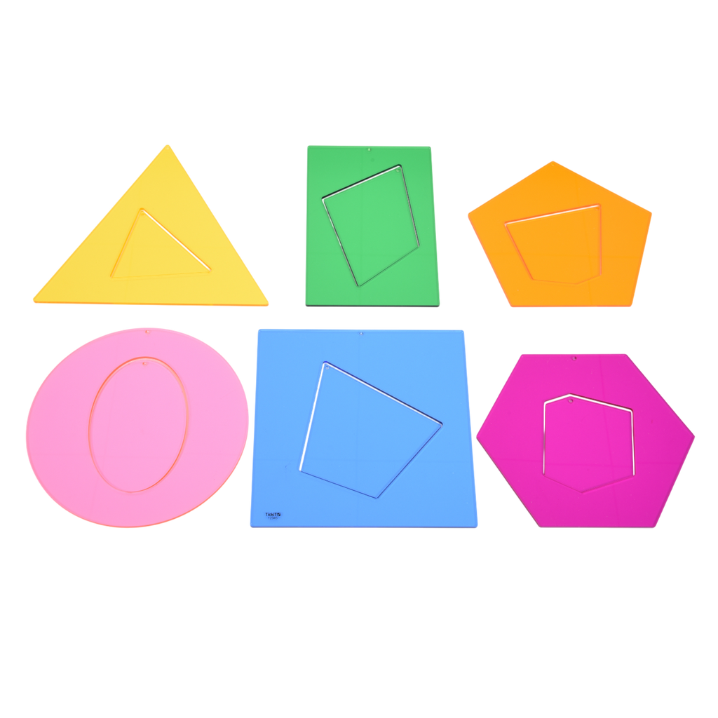 A set of large, colorful geometric and abstract shapes designed to support shape recognition, sorting, and early math skills.