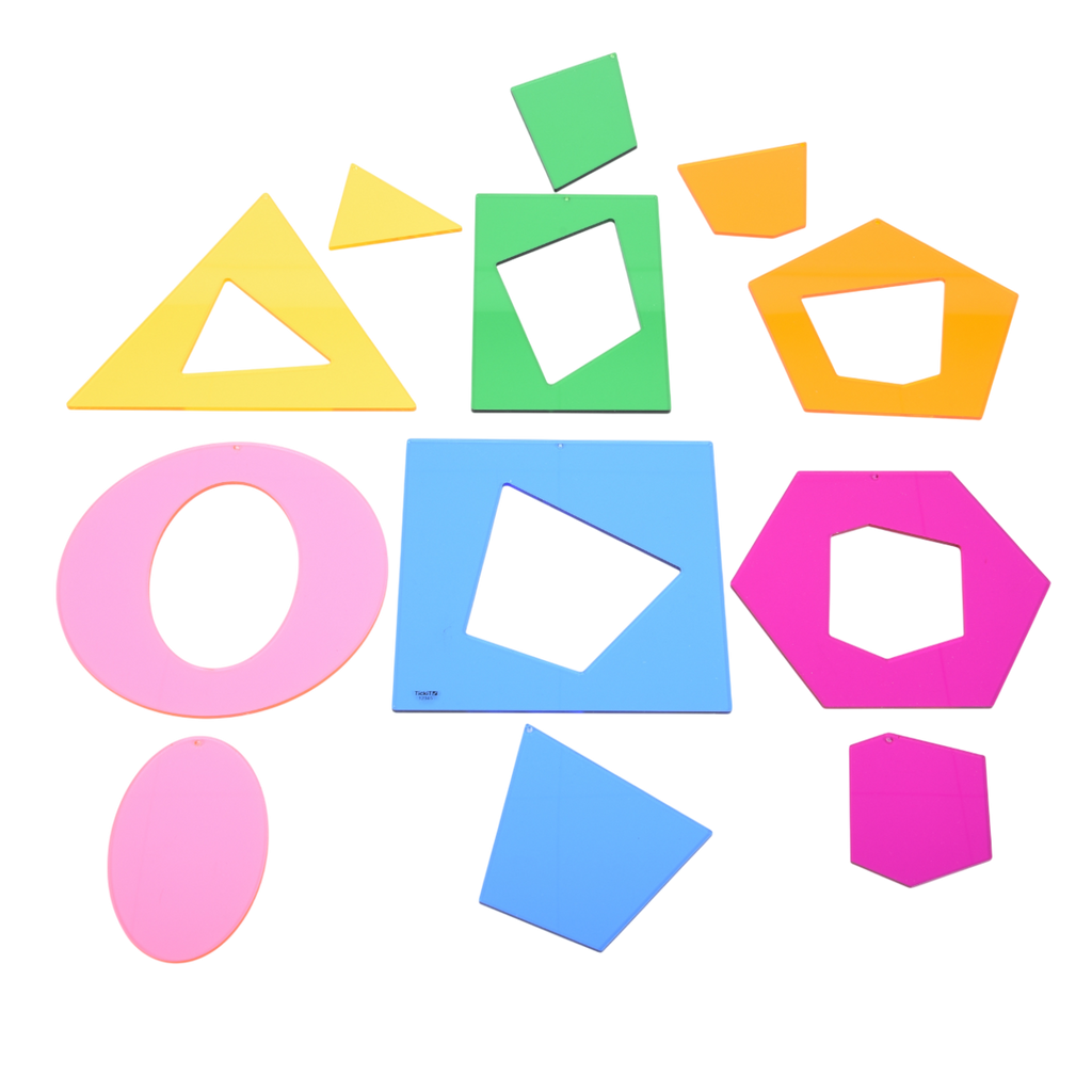 A set of large, colorful geometric and abstract shapes designed to support shape recognition, sorting, and early math skills.
