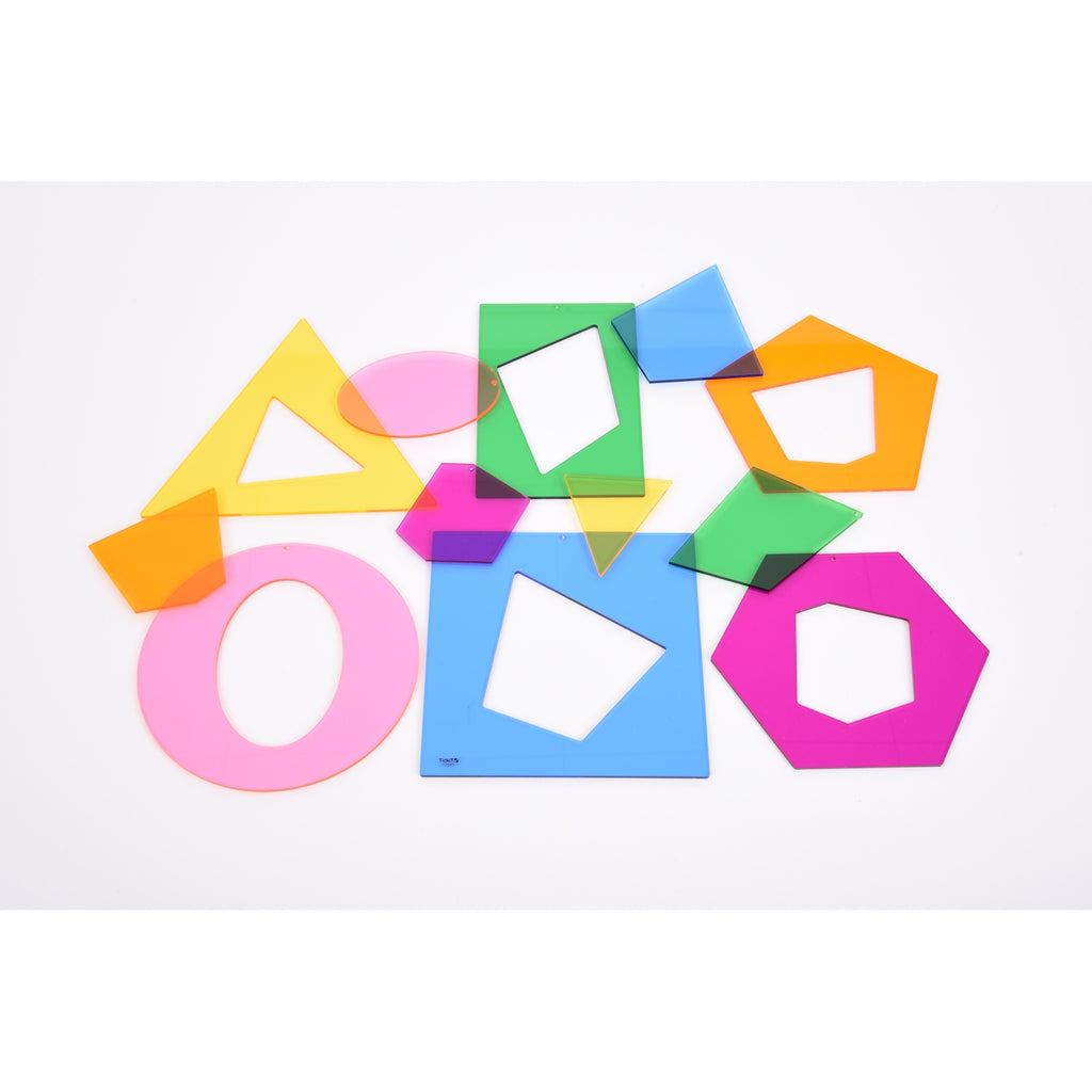 A set of large, colorful geometric and abstract shapes designed to support shape recognition, sorting, and early math skills.