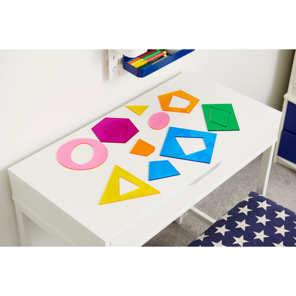 A set of large, colorful geometric and abstract shapes designed to support shape recognition, sorting, and early math skills.