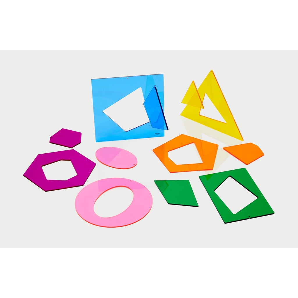 A set of large, colorful geometric and abstract shapes designed to support shape recognition, sorting, and early math skills.