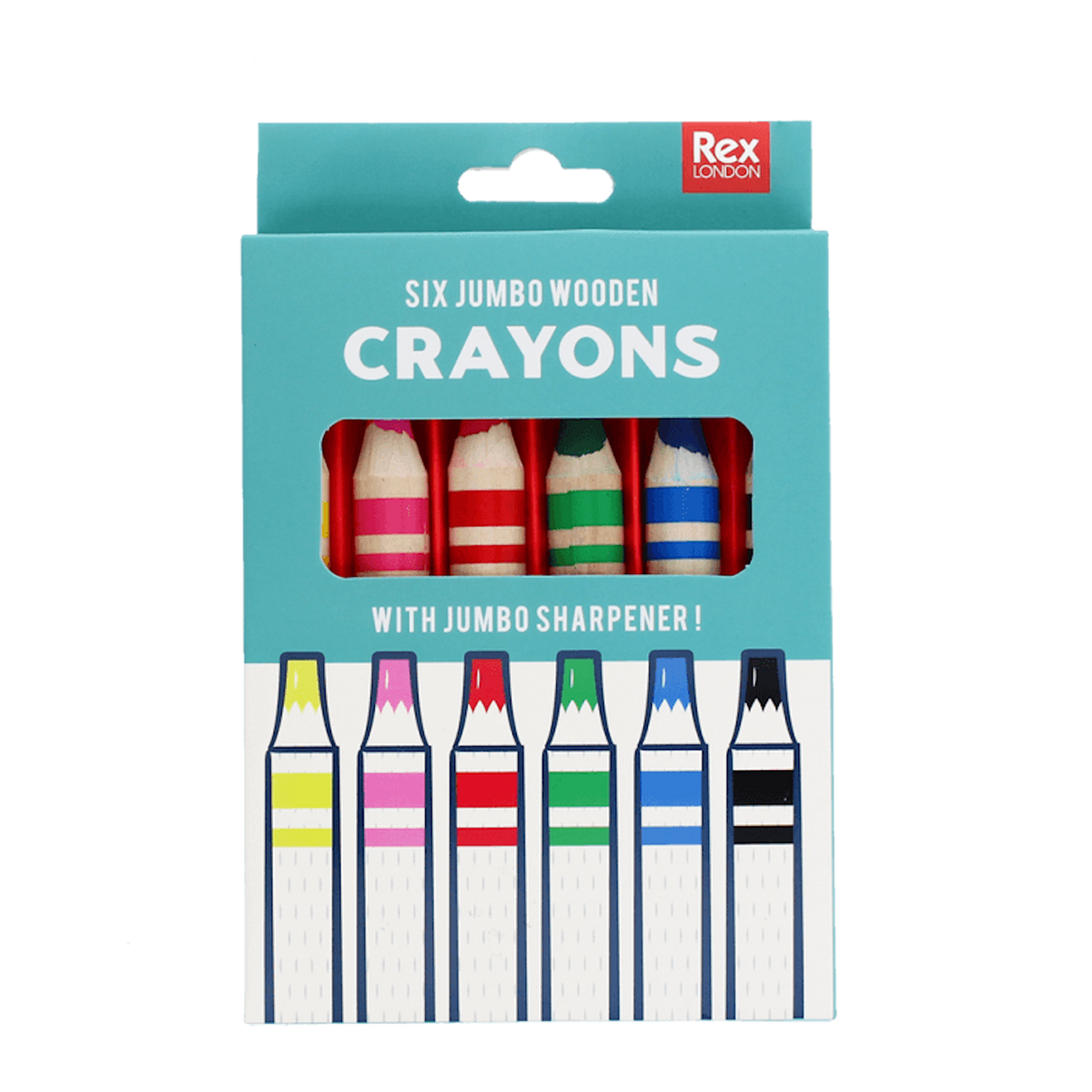 A turquoise box of six jumbo wooden crayons by Rex London with a sharpener included.