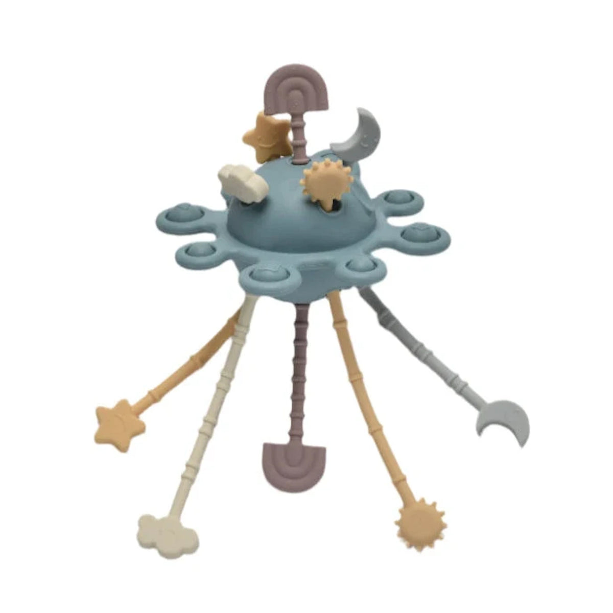 Blue silicone baby pull toy with multi-textured hanging shapes shown at an angle.