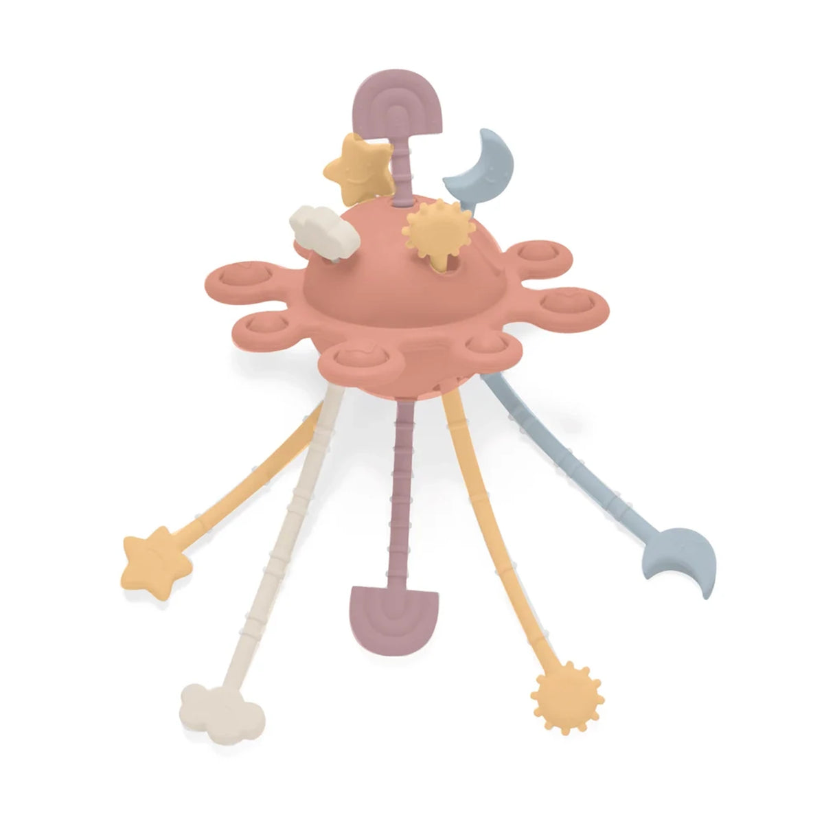 Coral silicone baby pull toy with multi-textured hanging shapes shown at an angle.