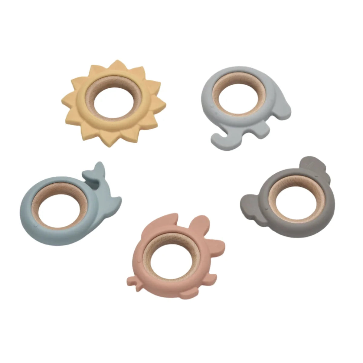 Assorted pastel silicone and wooden baby teething rings shown in a flat lay view.