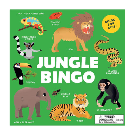 Illustrated Jungle Bingo game cover with a lion, tiger, chameleon, frog, lemur, toucan, elephant, anaconda, chimpanzee, and text "Bingo for Kids" on a green background.