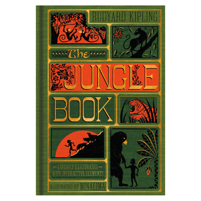 The Jungle Book cover by MinaLima featuring green and orange illustrations of Mowgli, Baloo, and Shere Khan.