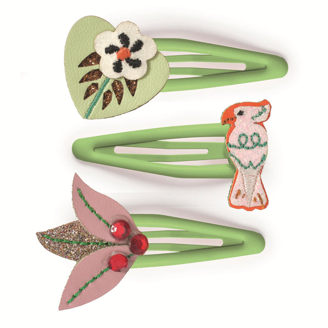 Colomba jungle collection set of 3 green snap hair clips with tropical leaf flower parrot and butterfly charms.