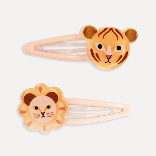 Leanna jungle collection set of 2 pink snap hair clips with tiger and lion face charms in gold and brown for girls.