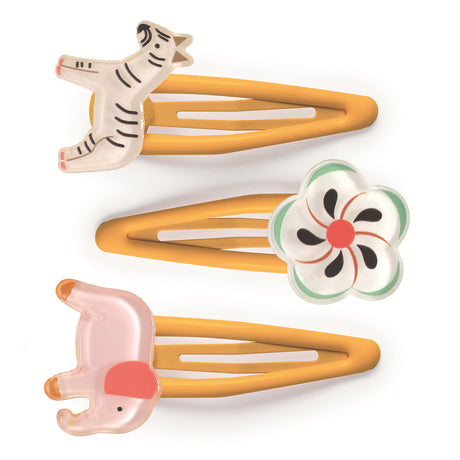Nadette jungle collection set of 3 gold snap hair clips with tiger, tropical flower, and elephant charms for girls.
