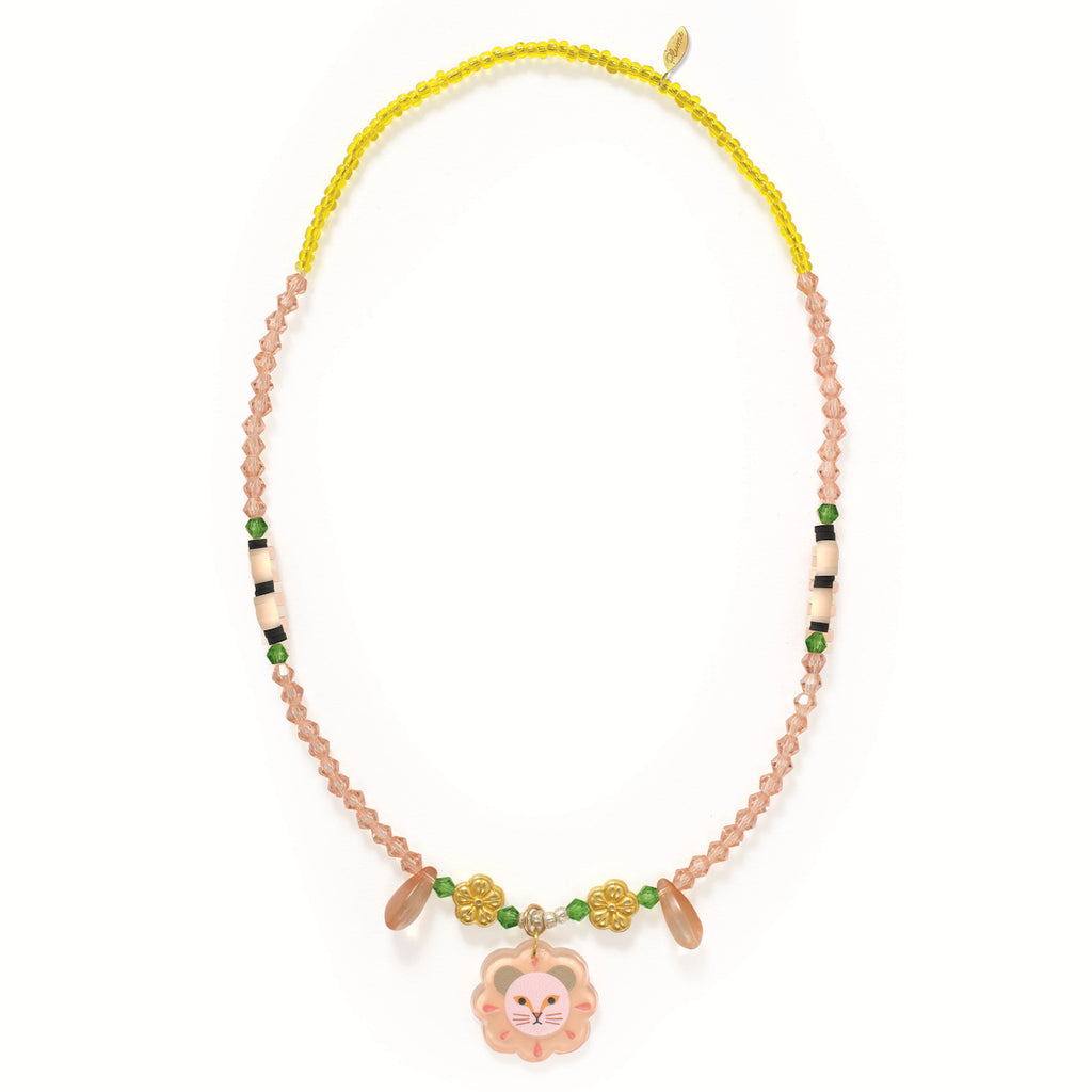 Colorful beaded necklace featuring a central pink lion charm with a playful expression. Includes pink, yellow, and green beads with floral accents.