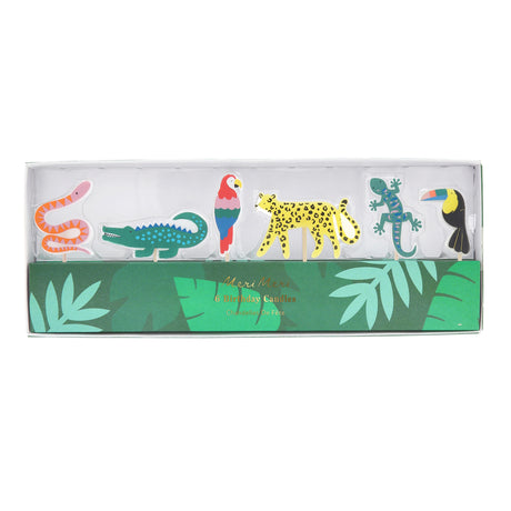 Meri Meri Jungle Jamboree birthday candles featuring a colorful snake, crocodile, parrot, leopard, lizard, and toucan.