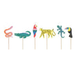Set of 6 colorful jungle animal birthday candles on wooden picks featuring a snake, crocodile, leopard, and tropical birds.