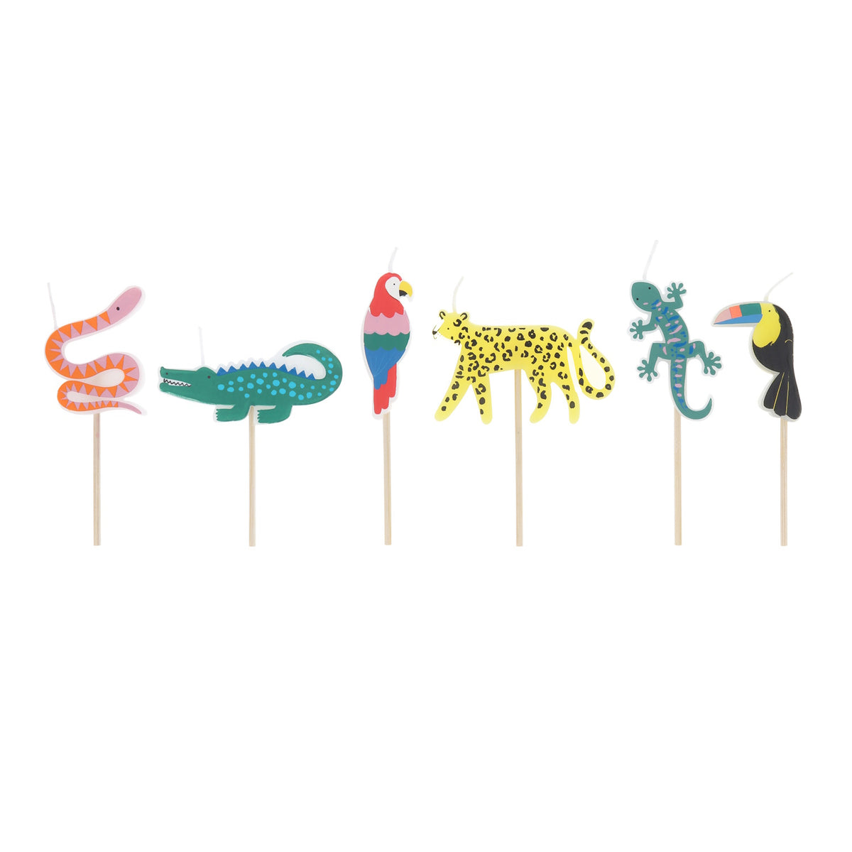 Set of 6 colorful jungle animal birthday candles on wooden picks featuring a snake, crocodile, leopard, and tropical birds.