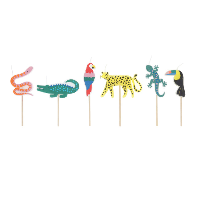 Set of 6 colorful jungle animal birthday candles on wooden picks featuring a snake, crocodile, leopard, and tropical birds.