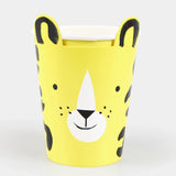 Yellow paper party cup featuring a printed cheetah face and pop-up ears against a plain white background.