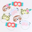 Hand-crafted colorful paper jungle animal masks, including a sloth, leopard, monkey, and parrot, with elastic.