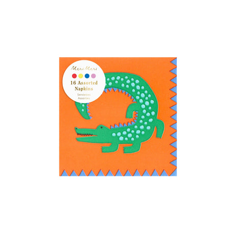 Meri Meri Jungle Jamboree paper napkin featuring a green crocodile illustration on a vibrant orange background.
