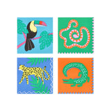 Jungle-themed paper napkins featuring colorful illustrations of a toucan, snake, leopard, and crocodile on vibrant backgrounds.