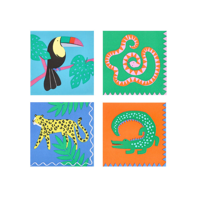 Jungle-themed paper napkins featuring colorful illustrations of a toucan, snake, leopard, and crocodile on vibrant backgrounds.
