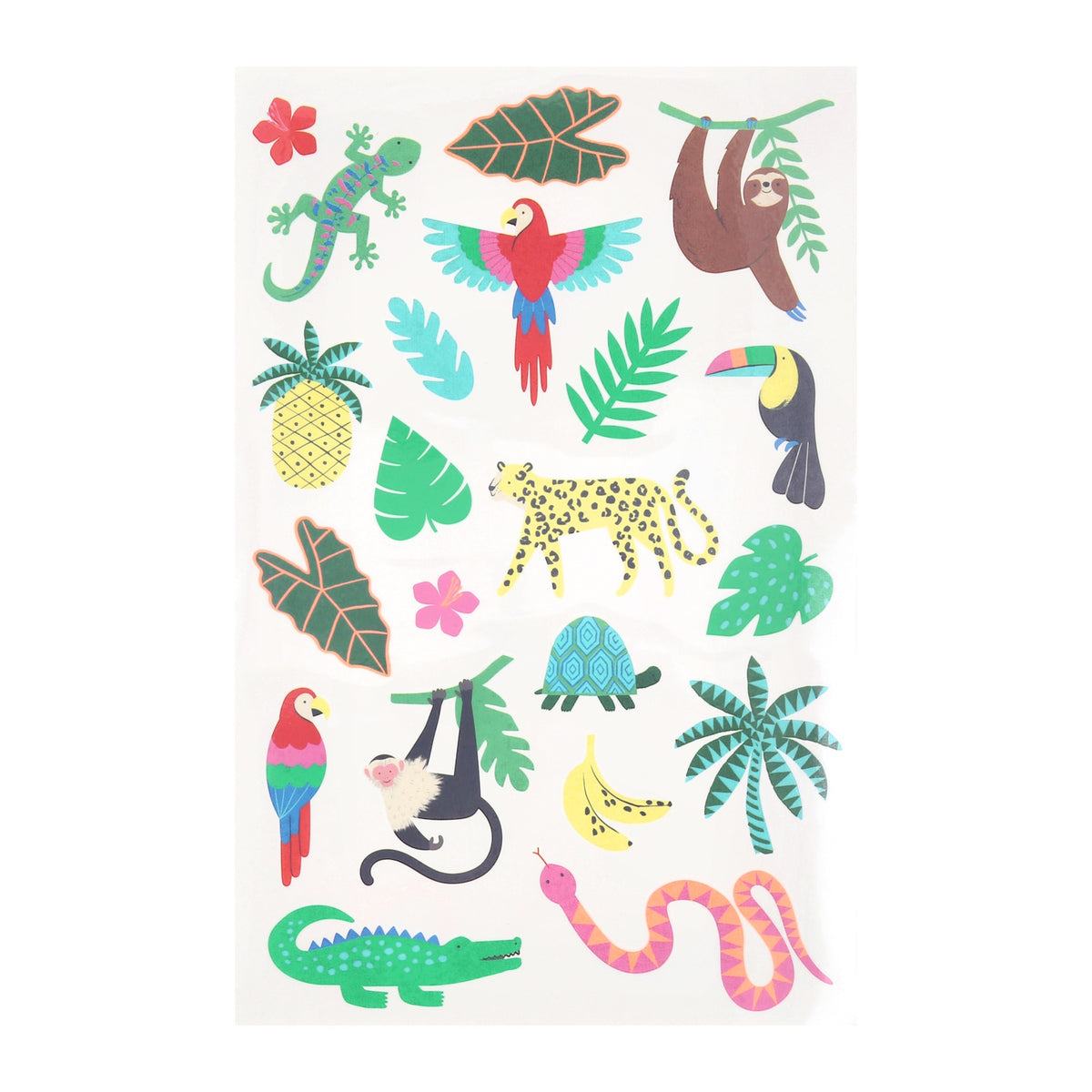 Sheet of colorful jungle animal temporary tattoos featuring a sloth, leopard, parrot, monkey, and tropical leaves.