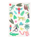 Sheet of colorful jungle animal temporary tattoos featuring a sloth, leopard, parrot, monkey, and tropical leaves.