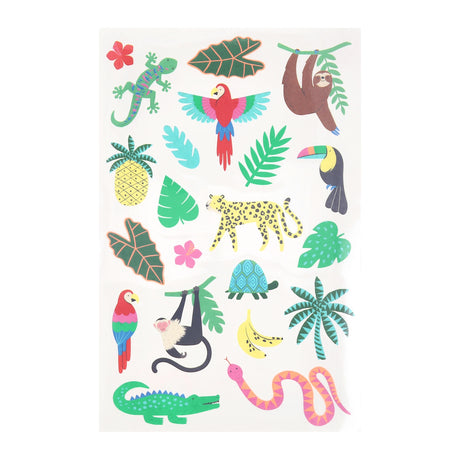 Sheet of colorful jungle animal temporary tattoos featuring a sloth, leopard, parrot, monkey, and tropical leaves.