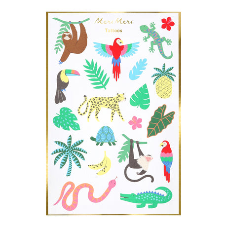 Sheet of colorful Meri Meri jungle tattoos featuring a sloth, leopard, parrot, and tropical leaves on a white background.