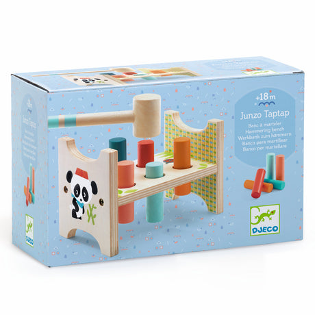 Djeco Junzo Taptap wooden hammering bench toy for toddlers with panda design and colorful pegs.
