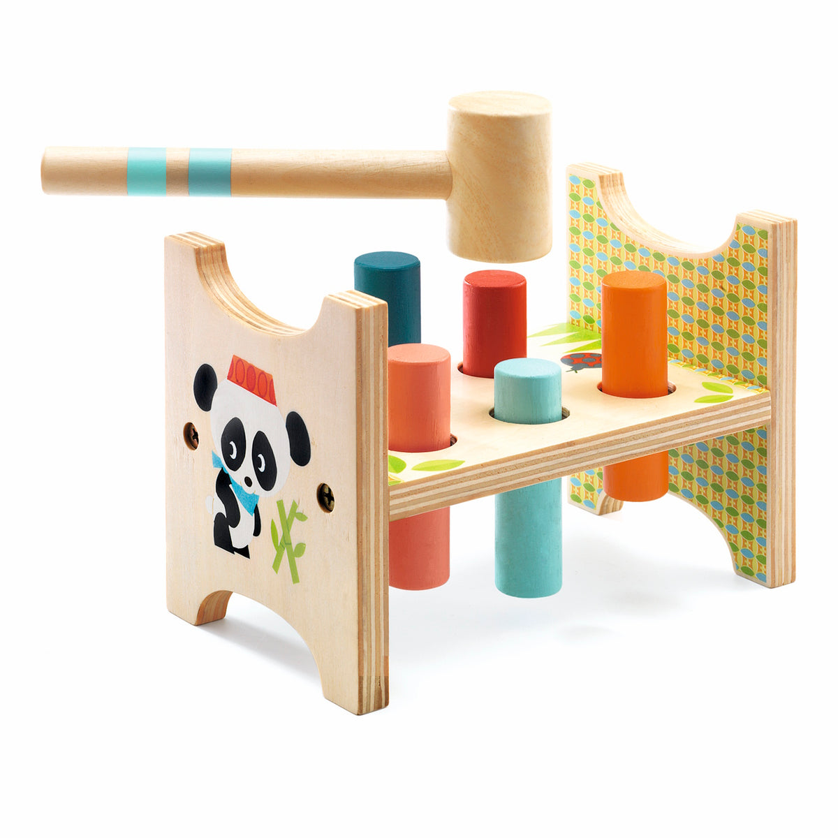Wooden panda pound-a-peg toy with colorful pegs and mallet for toddler fine motor skill development.