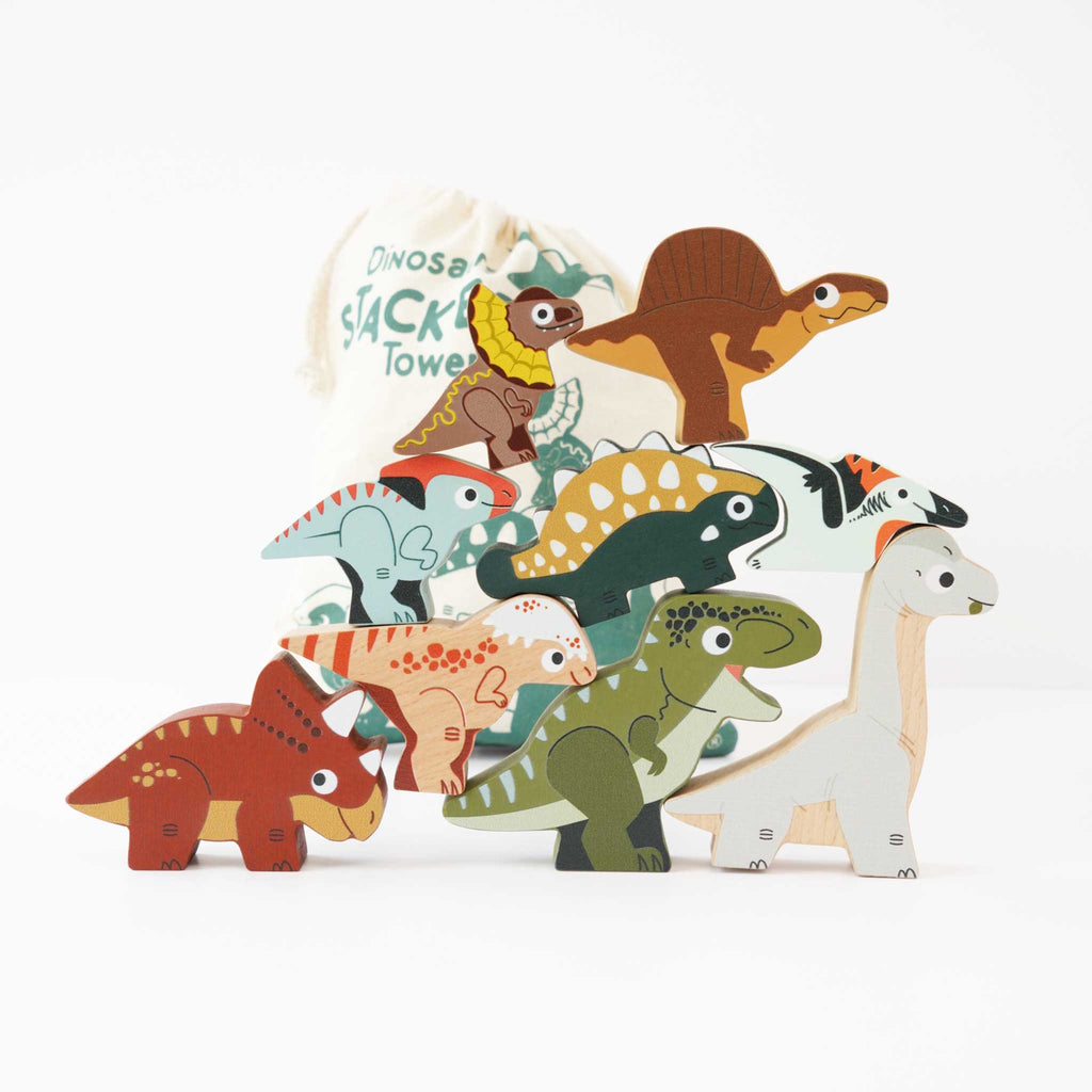 Cloth bag labeled "Dinosaurs Stacker Tower" with colorful wooden dinosaur figurines, featuring playful expressions and varied patterns, evoking fun and creativity.