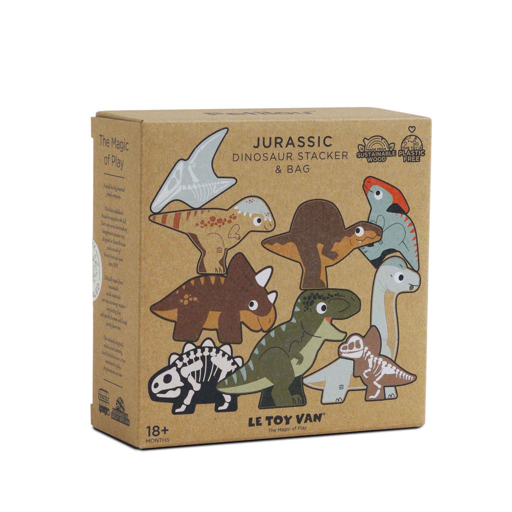 Box of "Jurassic Dinosaur Stacker & Bag" toy set by Le Toy Van. Features colorful dinosaur illustrations on a brown background. Labels indicate sustainable materials.