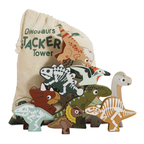 Wooden stacking dinosaur toy figures stacked together with a drawstring storage bag in the background.
