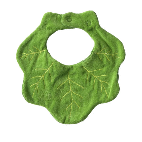 Green kale-shaped baby bib with yellow stitched leaf veins, featuring a scalloped edge and snap closure.