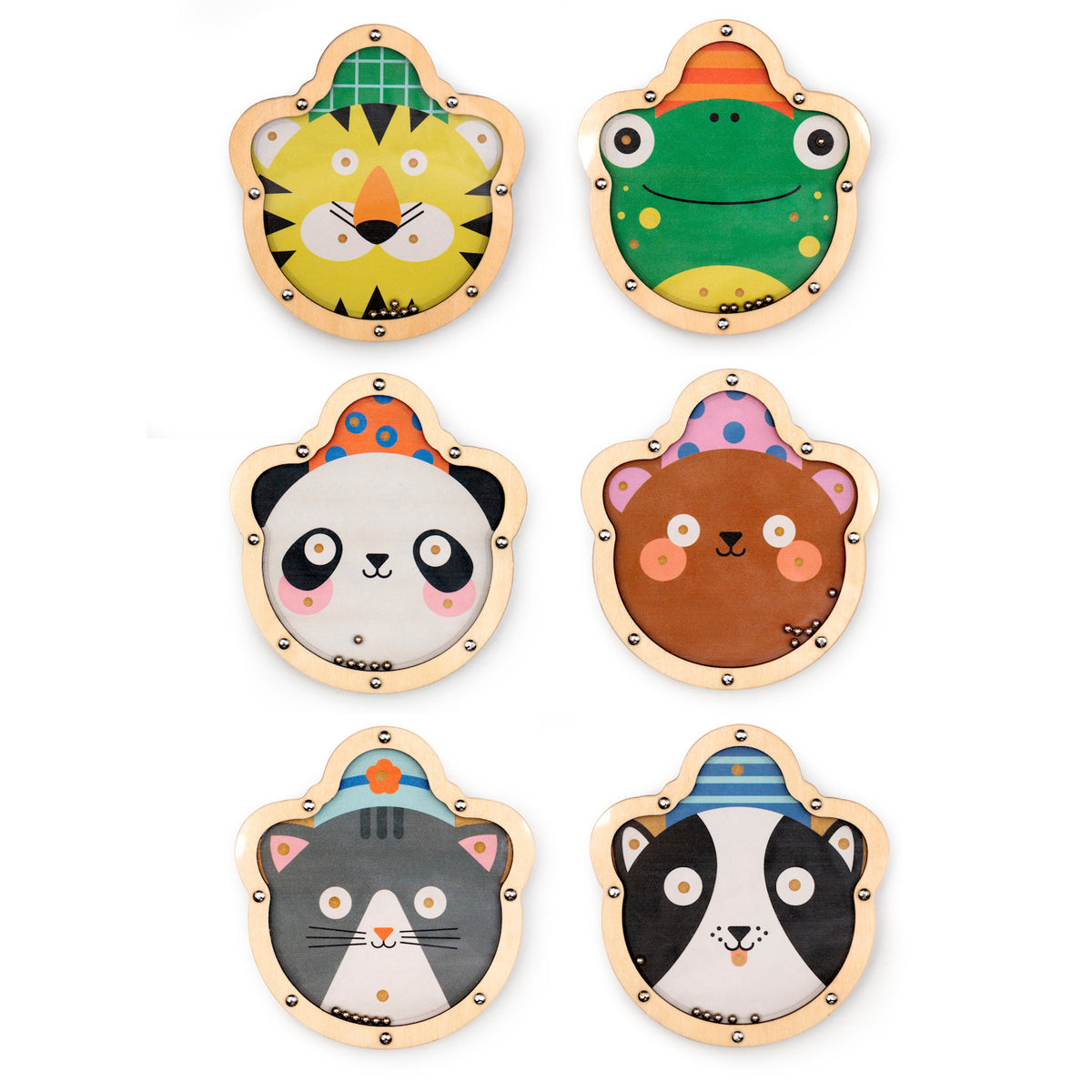 Six colorful wooden animal faces with hats: a lion, frog, panda, bear, cat, and dog. Playful design with decorative patterns and cheerful expressions.