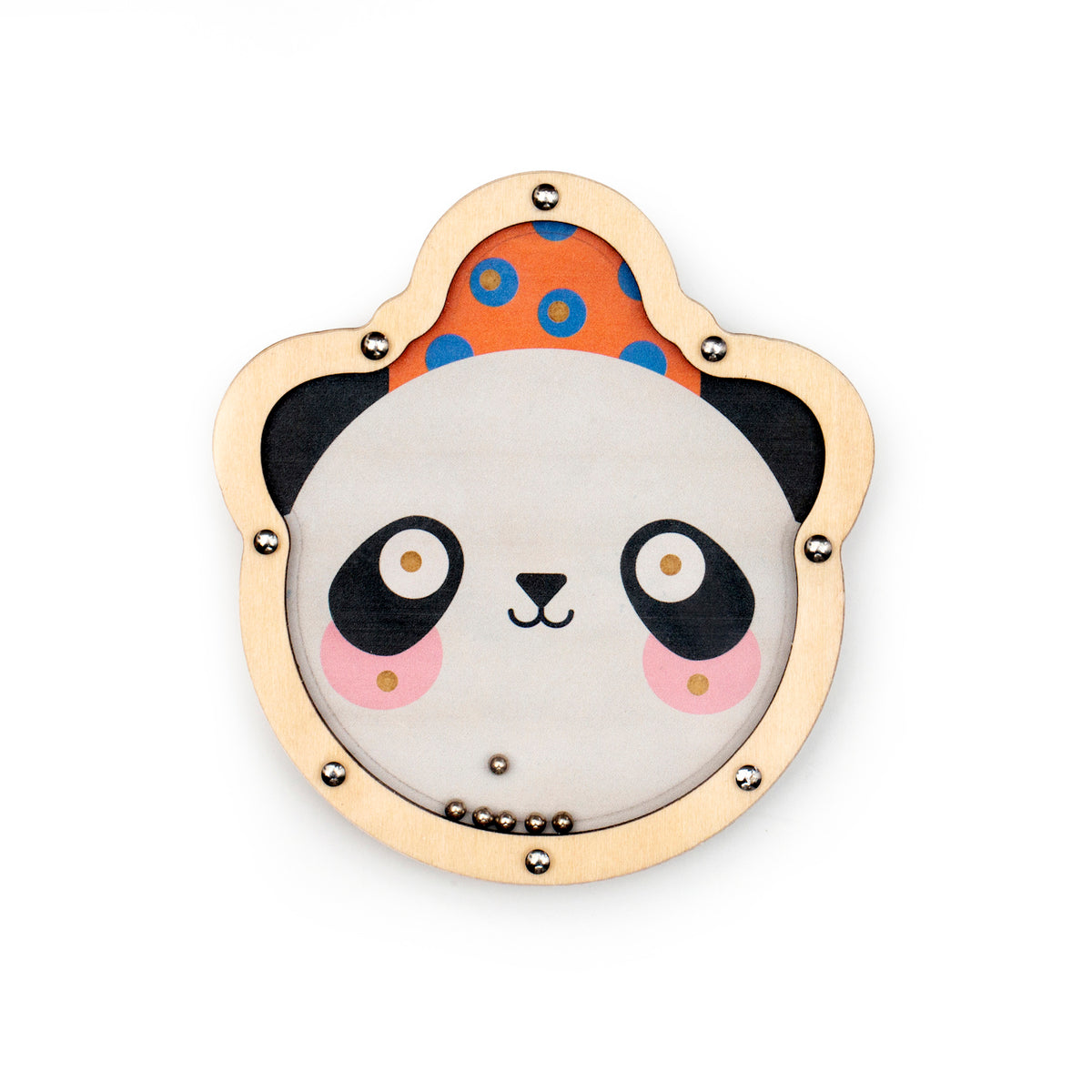 Cute panda face in a wooden frame with a playful expression. Background features orange with blue polka dots. Small metal balls are inside.