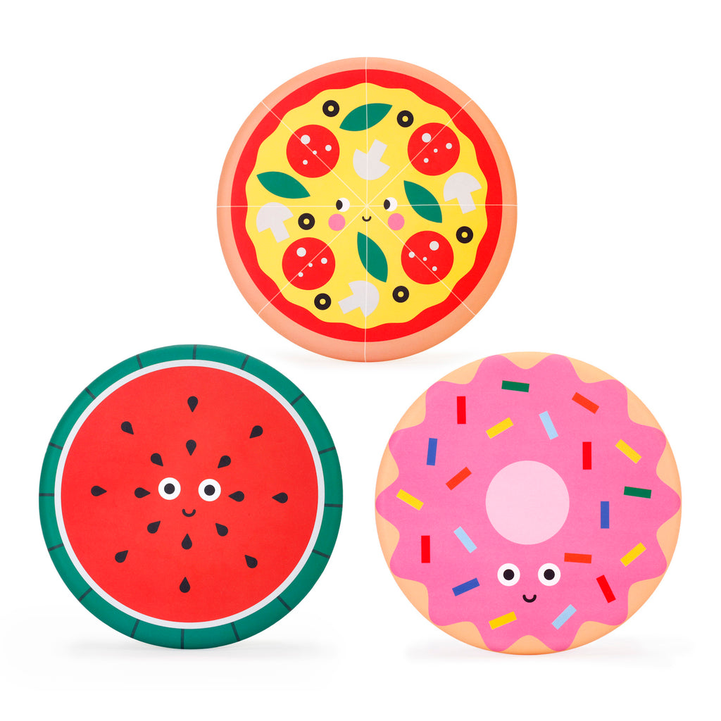 Illustration of a pizza, watermelon, and donut with smiling faces. Bright colors and playful design create a cheerful and whimsical tone.