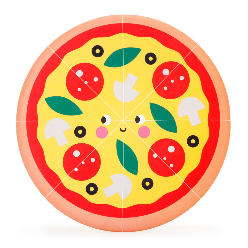 Illustration of a cartoon pizza with a smiling face, topped with playful slices of tomato, mushrooms, olives, and leaves, conveying a cheerful tone.