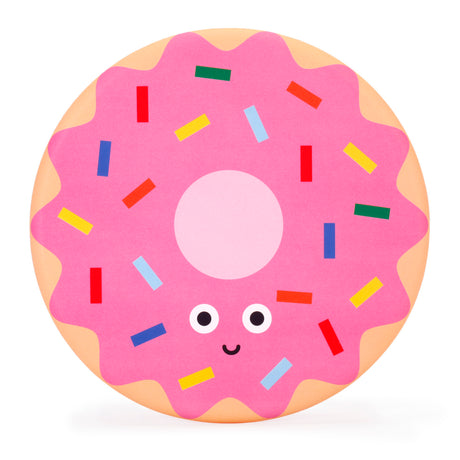 A cheerful, cartoon-style donut with pink frosting, colorful sprinkles, and a smiling face with large eyes. The design conveys a playful and fun tone.