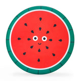 Cute illustration of a watermelon slice with a smiling face. The red interior has black seeds, and it's surrounded by a green rind. Playful and cheerful.