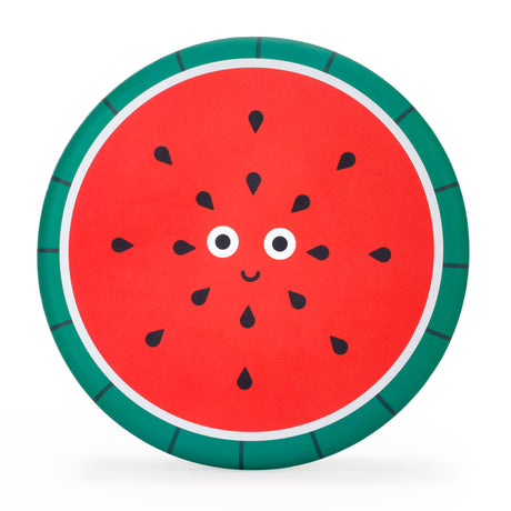 Cute illustration of a watermelon slice with a smiling face. The red interior has black seeds, and it's surrounded by a green rind. Playful and cheerful.
