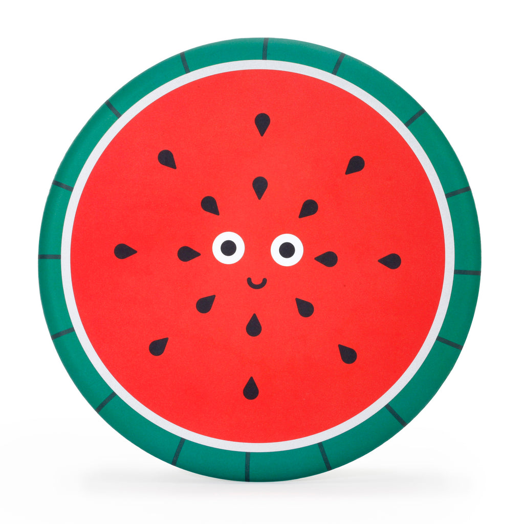 Cute illustration of a watermelon slice with a smiling face. The red interior has black seeds, and it's surrounded by a green rind. Playful and cheerful.