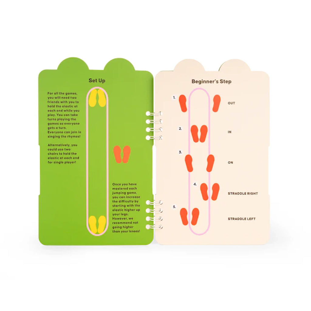 Open book with green and beige pages. Left page shows a yellow footprint diagram with elastic band setup. Right page details beginner's steps for a jumping game.