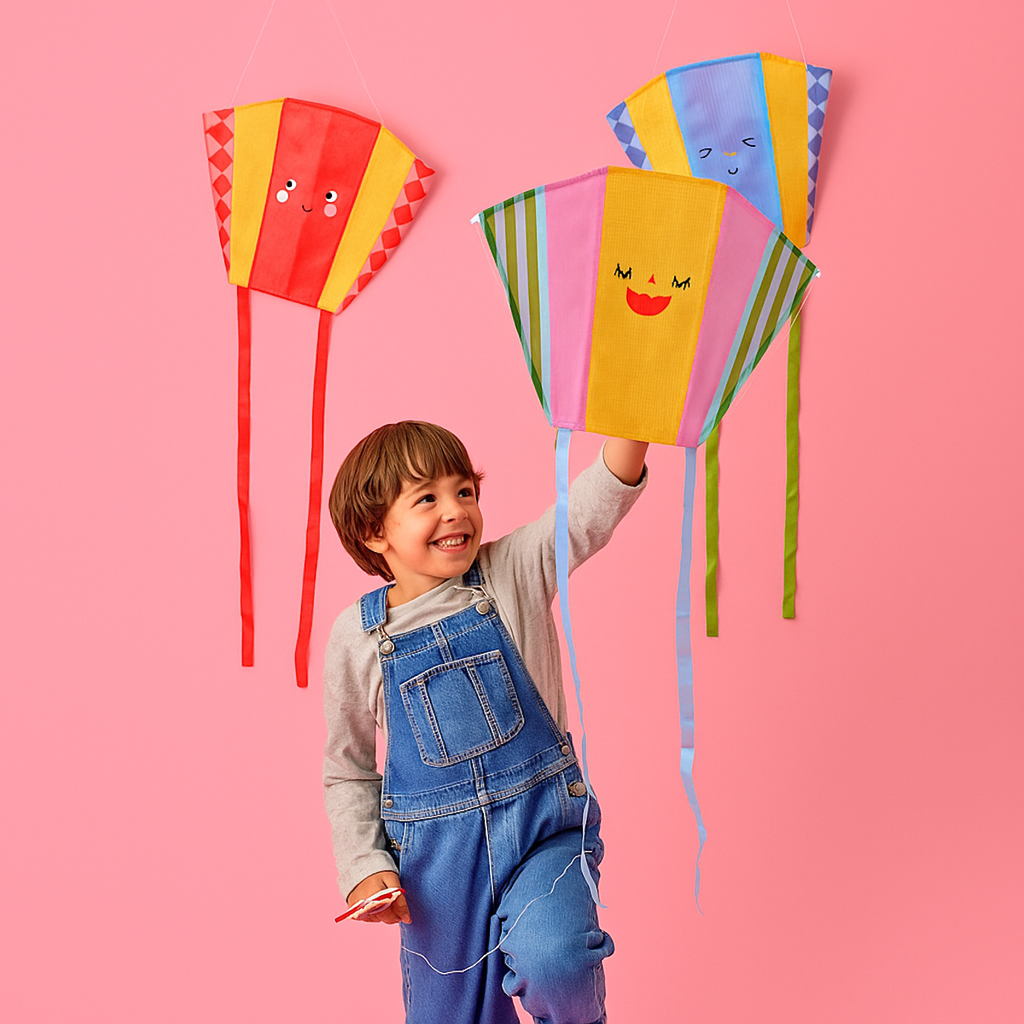 A child kneels joyfully on a pink background, holding a colorful kite with a smiling face. Two more vibrant kites hang above, creating a playful scene.