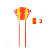 Bright, cheerful kite with a smiling face, featuring red and yellow colors, long tails, and geometric patterns. Includes kite handle and folded storage bag.